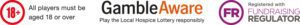 Logos; All players must be 18 and over, Gamble aware, Registered with Fundraising regulator 